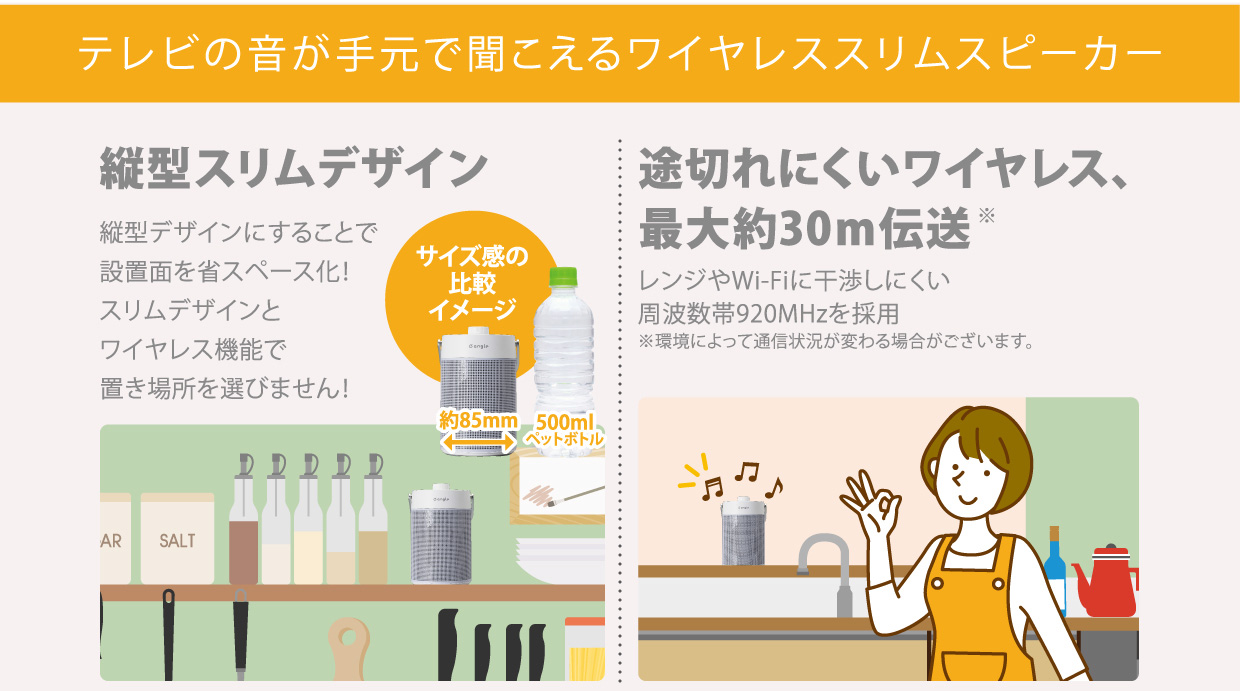 縦長スリムデザイン、途切れにくいワイヤレス、最大約30m伝送