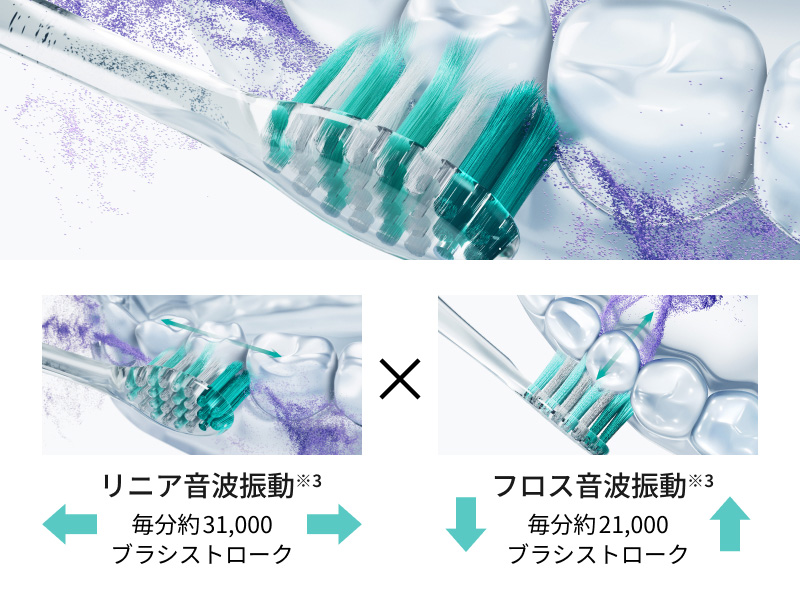 歯間フィットブラシ×W音波振動のイメージ図