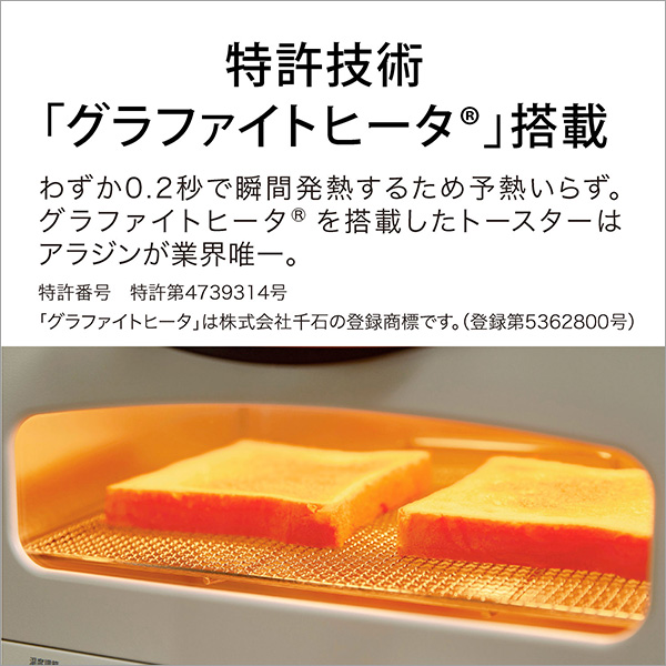特許技術「グラファイトヒータ®」搭載 わずか0.2秒で瞬間発熱するため予熱いらず。グラファイトヒータ®を搭載したトースターはアラジンが業界唯一