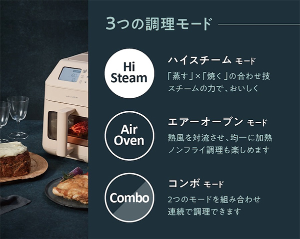 3つの調理モード ハイスチームモード：「蒸す」×「焼く」の合わせ技 スチームの力で、おいしく エアオーブンモード：熱風を対流させ、均一に加熱 ノンフライ調理も楽しめます コンボモード：2つのモードを組み合わせ 連続で調理できます