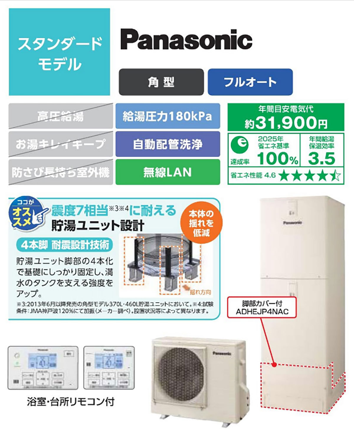パナソニック スタンダードモデル 震度７相当に耐える貯湯ユニット設計