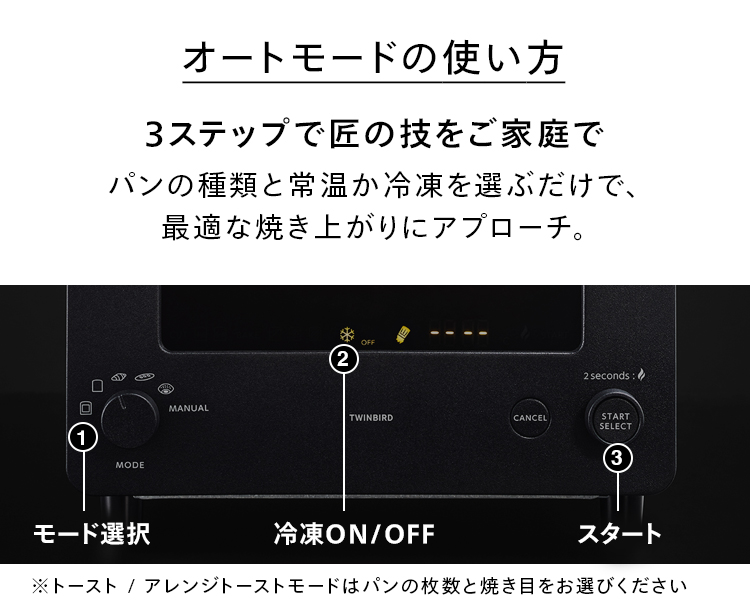 オートモードの使い方 3ステップで匠の技をご家庭で パンの種類と常温か冷凍を選ぶだけで最適な焼き上がりにアプローチ ※トースト/アレンジトーストモードはパンの枚数と焼き目をお選びください。