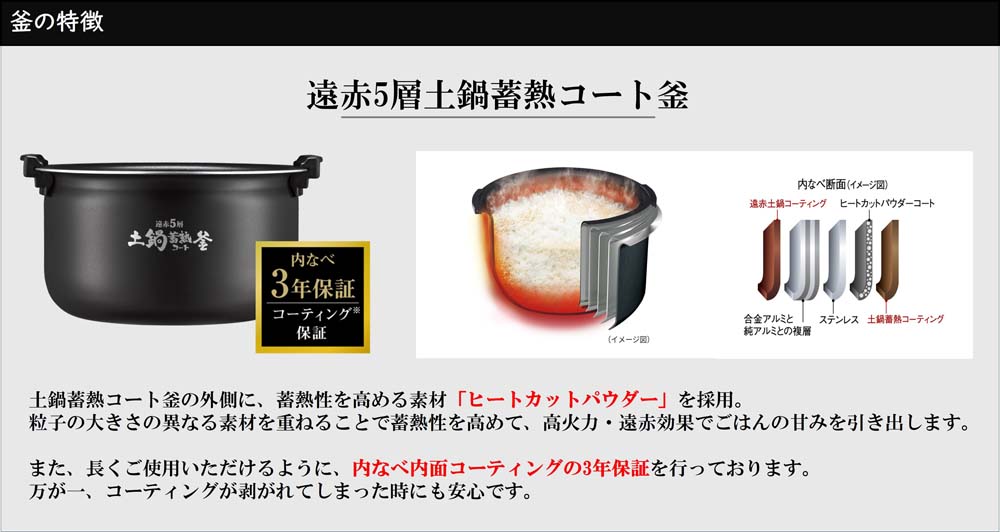 遠赤5層土鍋蓄熱コート釜 蓄熱性を高める素材「ヒートカットパウダー」を採用