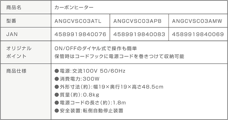 カーボンヒーター ANGCVSCO3A 商品詳細