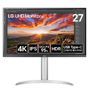 LGエレクトロニクス LGエレクトロニクス 27型 LG UHD Monitor 4K /4K(3840×2160)/IPS/DCI-P3 95%/ DisplayHDR 400/アンチグレア/HDMI×2/DisplayPort/USB Type-C(USB PD90W)/USBハブ(Down×2) 27UP850K-W 27UP850K-W-イメージ1
