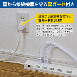 エルパ 耐雷電源タップ6個口3m ブレーカー付き ホワイト WLK-R63BW-イメージ4